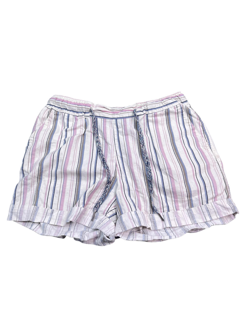 Eddie Bauer Linen Shorts Womens Size Medium White Gray Pink Striped Cuffed